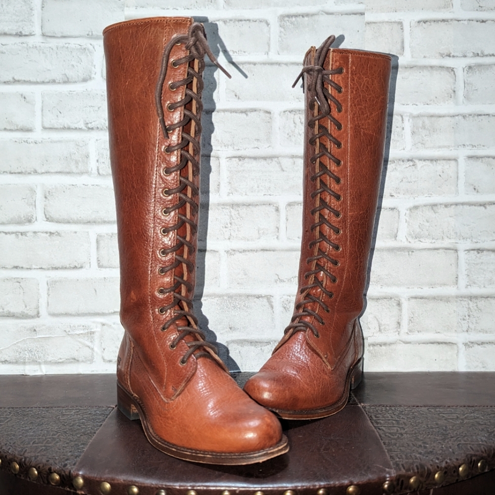 Vntg Frye Vienna Tall Brown Genuine Leather Lace Up Knee High Vintage Zip Boots